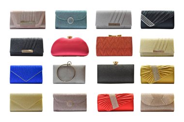 Beyaz arka planda izole edilmiş kadın çanta koleksiyonu. Kırpma yolu ile nesne.