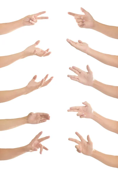 Collection Human Hands Multiple Gesture Isolated White Background Clipping Path — Stock Photo, Image