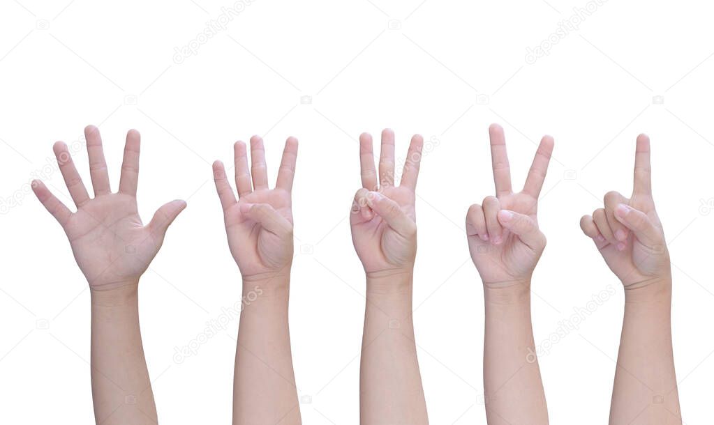 Children hand showing one to five fingers count Isolated on white background, with clipping path.