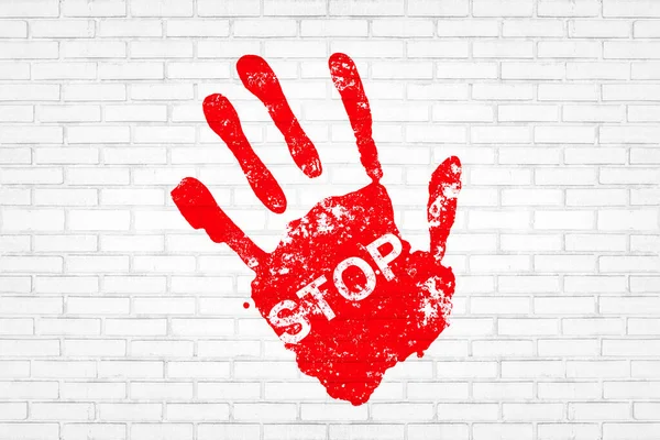 Stampa Mano Con Scritta Stop Sul Muro Mattoni Bianchi — Foto Stock