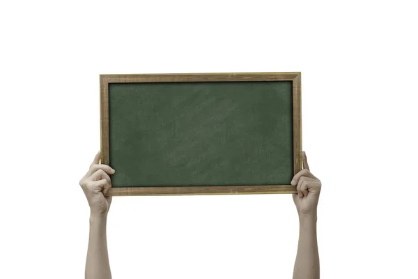 Mano Sosteniendo Una Pequeña Tabla Verde Aislada Sobre Fondo Blanco — Foto de Stock