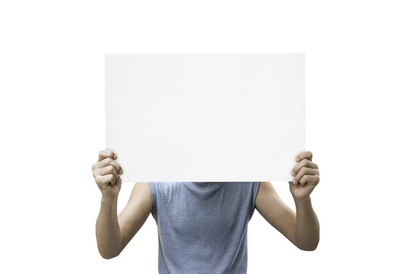Muž Ruce Drží Papír Izolované Bílém Pozadí Oříznutou Cestou — Stock fotografie