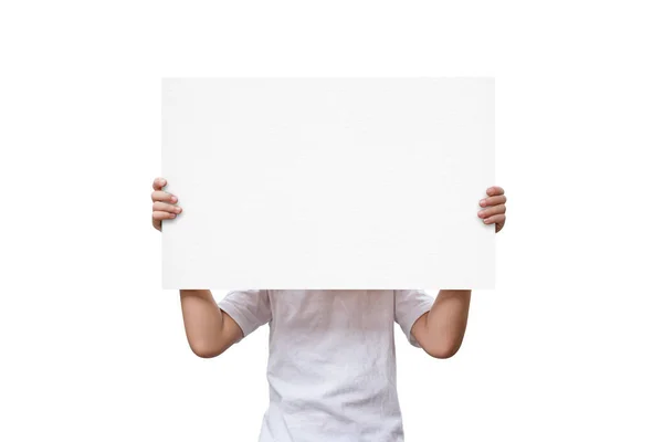 Little Girl Show White Sheet Paper Isolated White Background Clipping — Stock Photo, Image