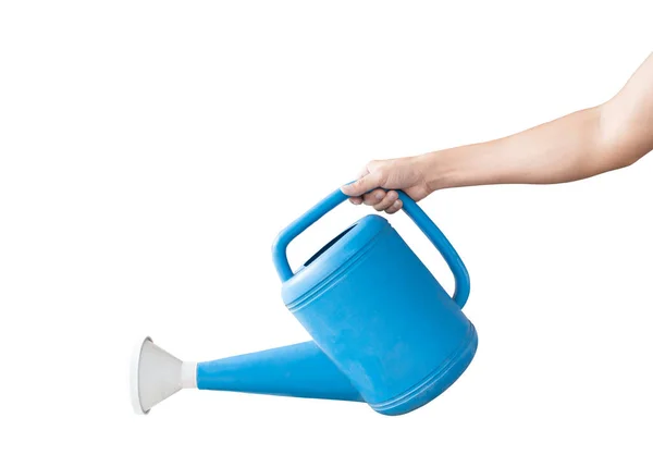 Hand Holding Blue Watering Can Isolated White Background Clipping Path Stock Image