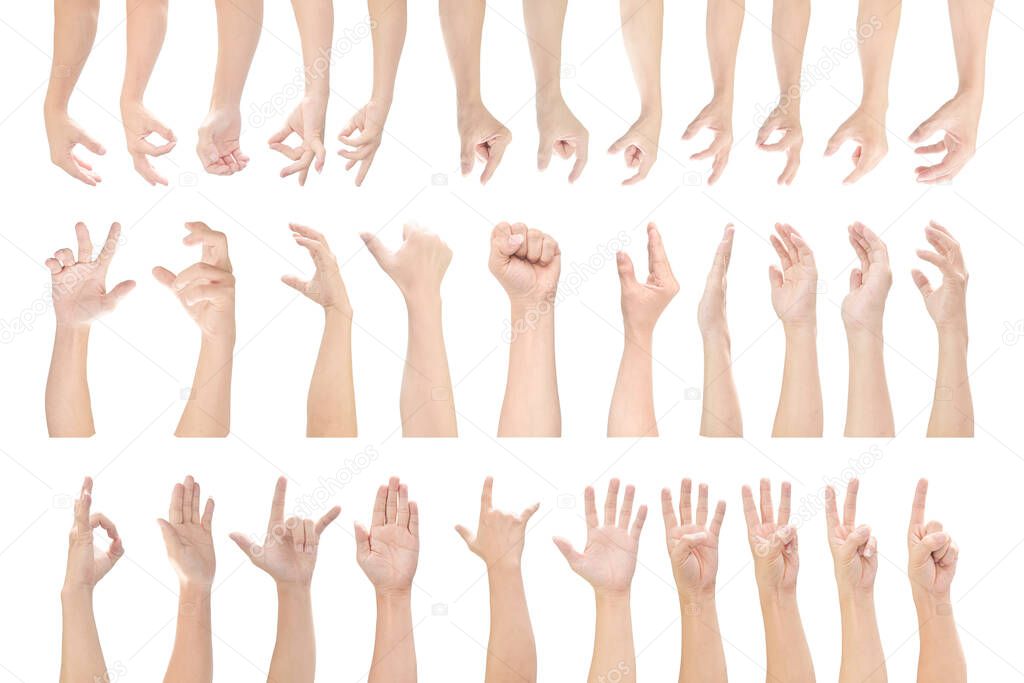 Multiple set of male hands gestures isolated on white background. with clipping path.