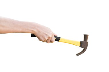 hand holding old rusty hammer isolated on white background, with clipping path