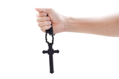 Christian 'ın elini tutmak beyaz arka planda izole edilmiş. Kırpma yolu ile nesne. Haç, İnancın Sembolü.