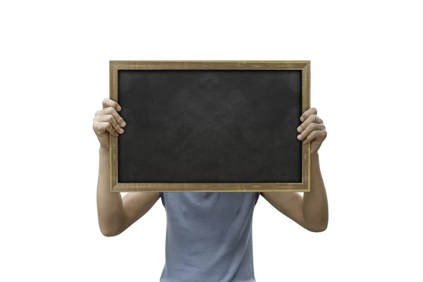 Man Hand Holding Small Blackboard Isolated White Background Clipping Path — Stock Photo, Image