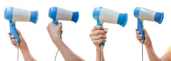 Coleção Mão Segurando Azul Secador Cabelo Isolado Fundo Branco Com — Fotografia de Stock