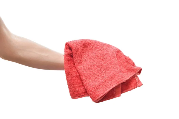 Man Hand Houden Rode Doek Geïsoleerd Witte Achtergrond Met Clipping — Stockfoto