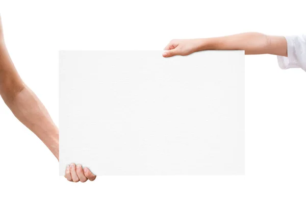 Dois Mão Segurando Papel Branco Branco Isolado Fundo Branco Com — Fotografia de Stock