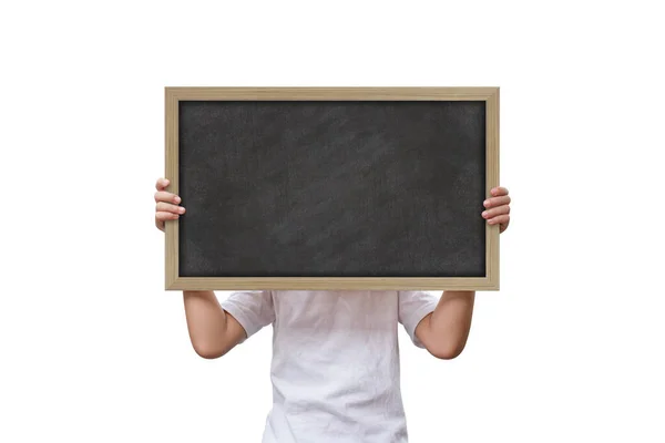 Little Girl Show Black Board Isolated Black Background Clipping Path — Stock Photo, Image