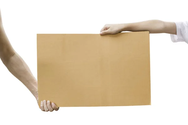 Two Hand Holding Blank Brown Paper Isolated White Background Clipping — Stock Photo, Image