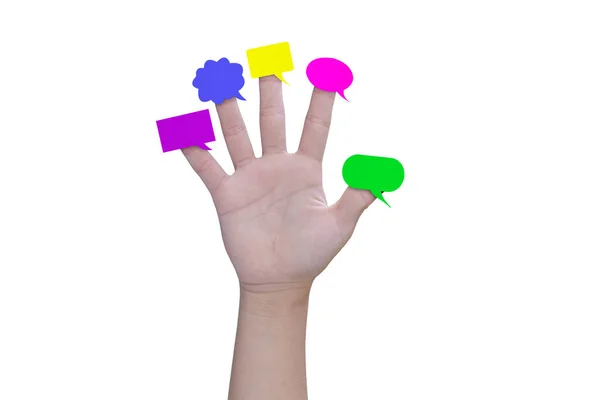 Meerkleurige Spraakbellen Kinderhandvingers Geïsoleerd Witte Achtergrond Met Knippad — Stockfoto