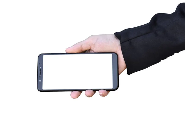 Empresário Mão Segurando Smartphone Tela Branco Isolado Fundo Branco Com — Fotografia de Stock