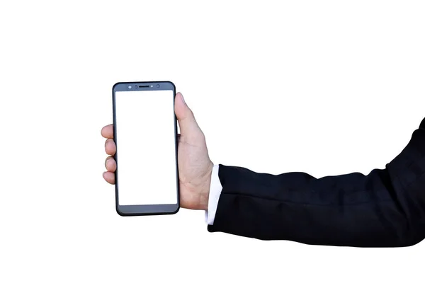 Businessman Ręka Trzymając Pusty Ekran Smartfon Izolowany Białym Tle Ścieżką — Zdjęcie stockowe
