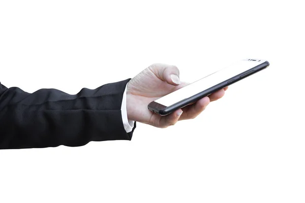 Biznesmen Trzyma Telefon Komórkowy Białym Tle Ścieżką Wycinania — Zdjęcie stockowe