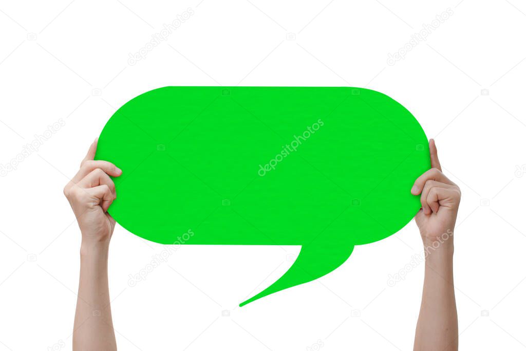 Hand holding an green empty speech bubble, Isolated on white background with clipping path.