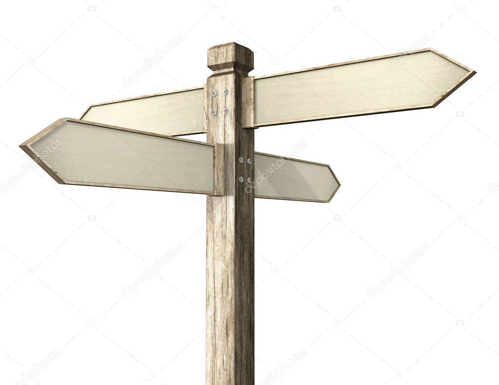 3D illustration of crossroads signpost indicating travel or indecision with a wooden look
