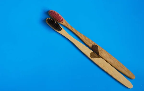 Eco Natural Bamboo Toothbrushes Blue Background Zero Waste Flat Lay — Stock Photo, Image