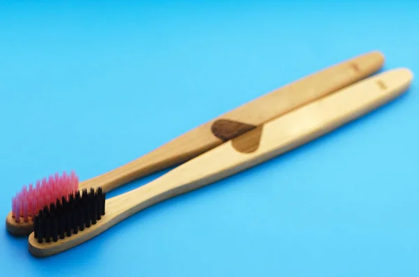 Eco Natural Bamboo Toothbrushes Blue Background Zero Waste Flat Lay — Stock Photo, Image