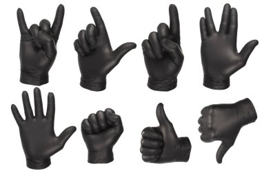 Siyah eldivenlerle çeşitli el hareketleri.