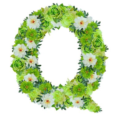 Yeşil ve beyaz çiçekleri beyaz wor ile izole gelen harf Q