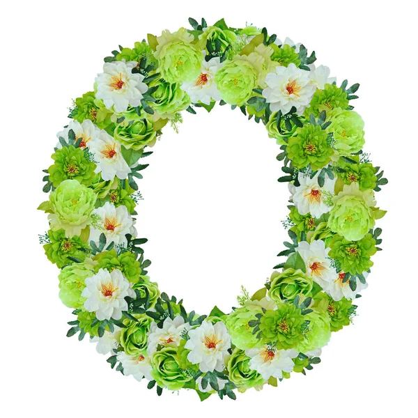 Letter O from green and white flowers isolated on white with wor — Stock Photo, Image