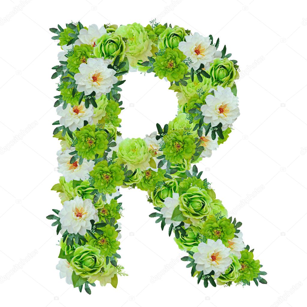 Letter R van groene en witte bloemen geïsoleerd op wit met