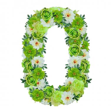 Wor ile beyaz izole yeşil ve beyaz çiçekler arasında sayı 0