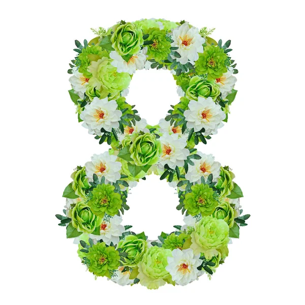 Yeşil ve beyaz çiçekleri beyaz wor ile izole 8 numaradan