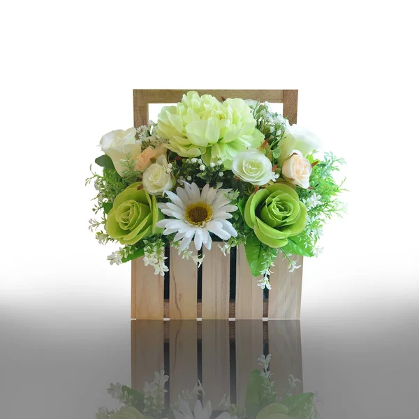 Artificial flower bouquet decorated in basket isolated on white — Stock Photo, Image