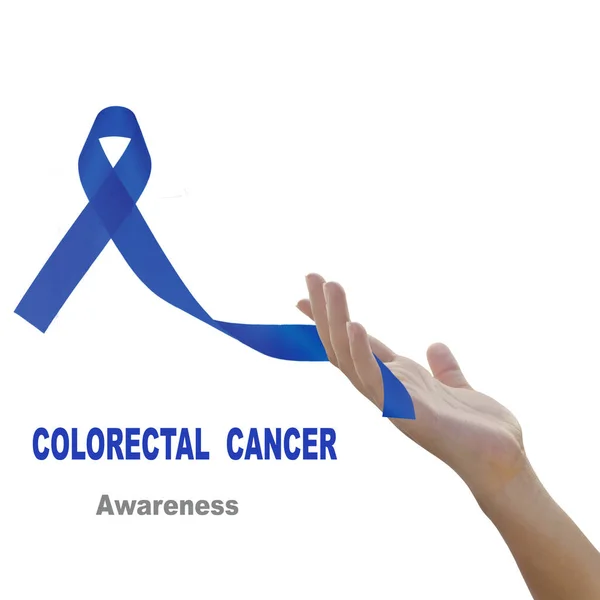 Woman hand holding blue  ribbon  against white background for Co — Stock Photo, Image