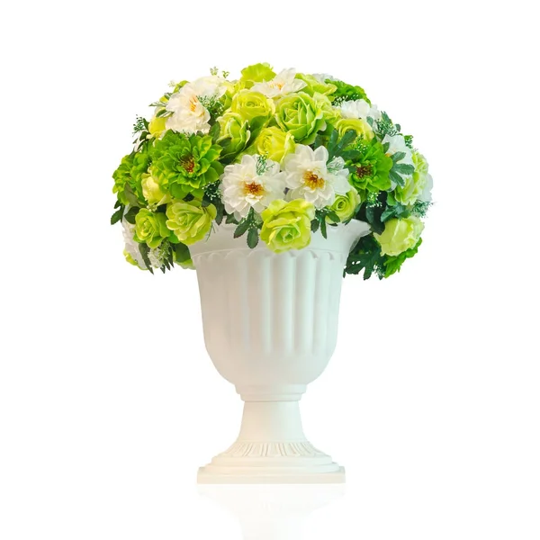 White and green artificial flowers in white vase isolated on whi — Stock Photo, Image