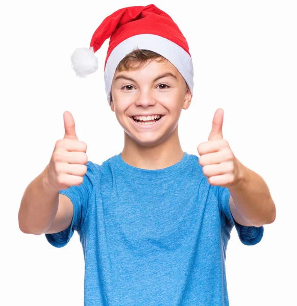 Dospívající chlapec klobouk Santa Claus — Stock fotografie