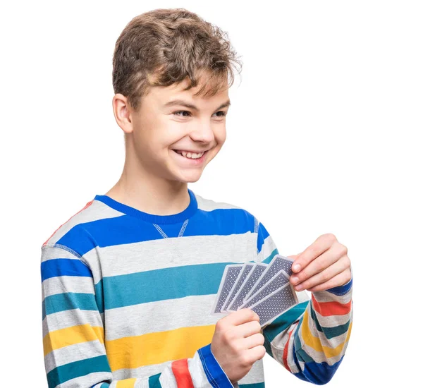 Έφηβος αγόρι με τυχερό παιχνίδι καρτών — Φωτογραφία Αρχείου