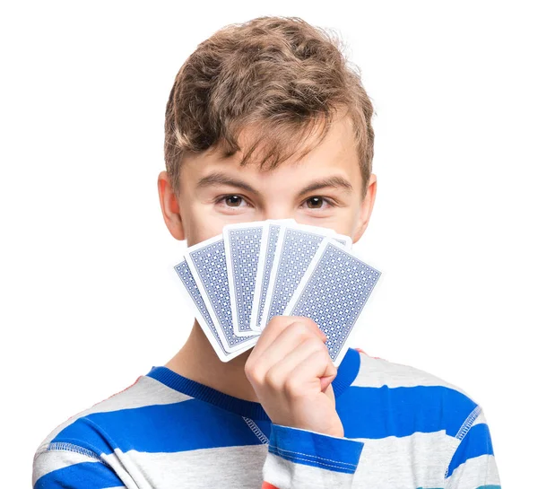Teen chłopiec z kartami gamble — Zdjęcie stockowe