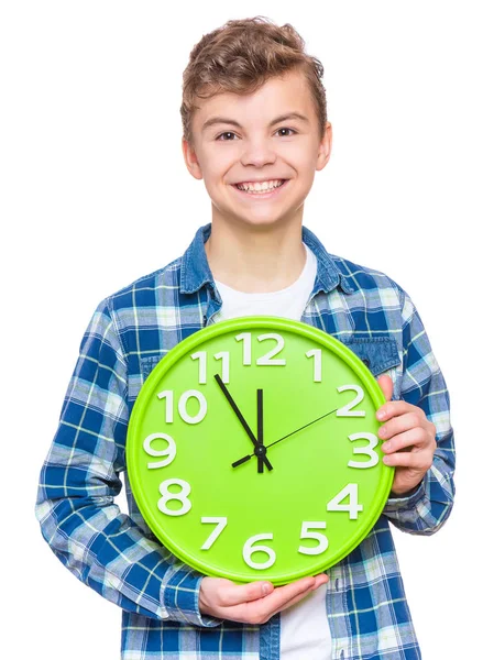 Adolescente menino com grande relógio — Fotografia de Stock