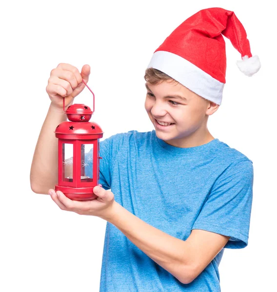Adolescent băiat poartă pălărie Moș Crăciun — Fotografie, imagine de stoc