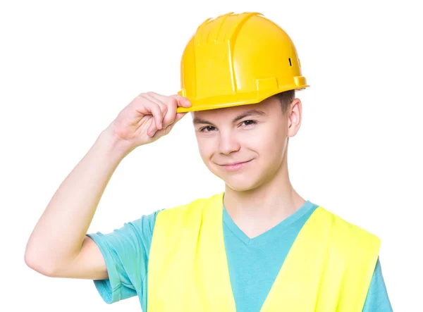 Boy wearing yellow hard hat — Stock Photo, Image