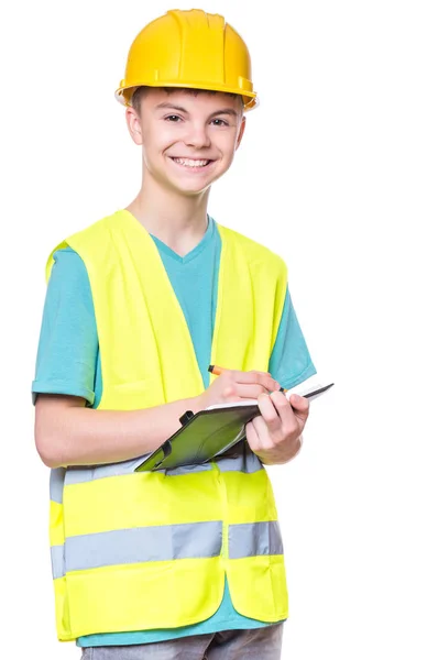 Menino usando chapéu amarelo duro — Fotografia de Stock