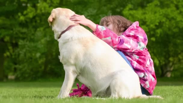 Menina com cão labrador retriever — Vídeo de Stock