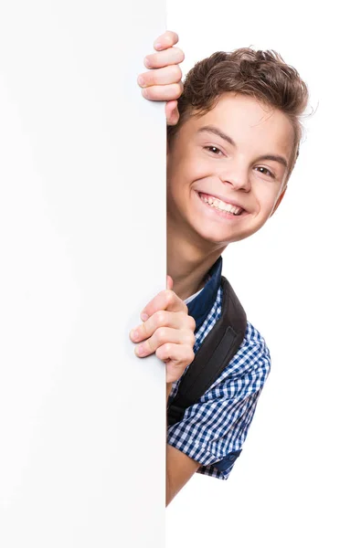 Adolescente menino com placa branca — Fotografia de Stock