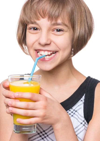 Κορίτσι με το ποτήρι χυμό πορτοκαλιού — Φωτογραφία Αρχείου