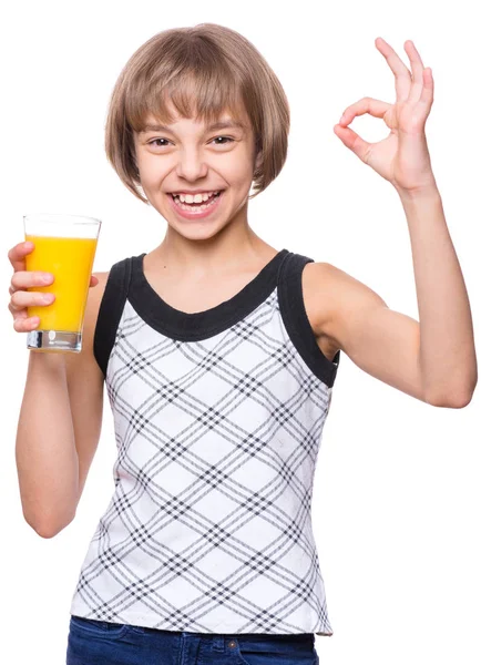 Dziewczyna z kieliszek soku pomarańczowego — Zdjęcie stockowe