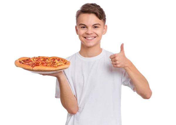 Tiener jongen met pizza — Stockfoto
