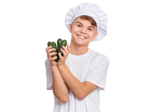 Teen boy w kapeluszu szefa kuchni — Zdjęcie stockowe