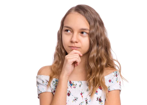 Portrait Pensive Teen Girl Isolated White Background Thoughtful Teenager Holding — Stock Photo, Image