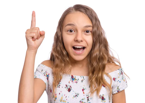 Retrato Adolescente Sorprendida Señalando Una Gran Idea Aislada Sobre Fondo — Foto de Stock