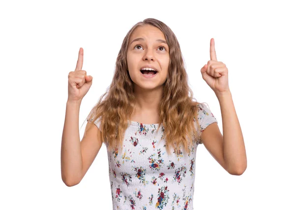 Retrato Menina Adolescente Apontando Dedo Para Cima Copyspace Isolado Fundo — Fotografia de Stock